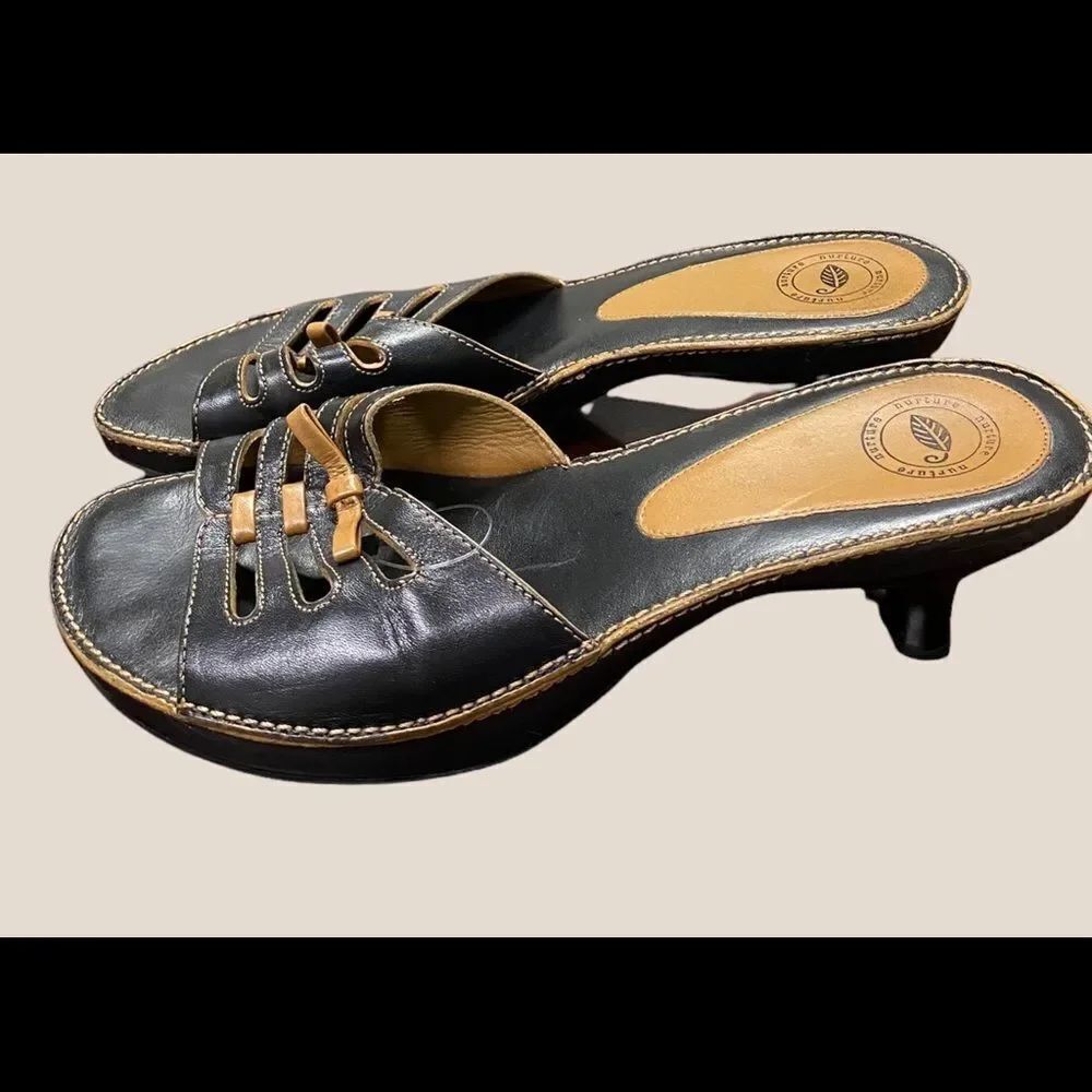 Nurture Black Brown Leather Heeled Sandals 6.5